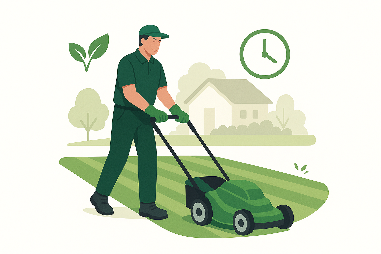 Employé en tenue verte effectuant la tonte de pelouse dans un jardin résidentiel, symbole d’un service de jardinage professionnel dans la Vallée de Chevreuse.