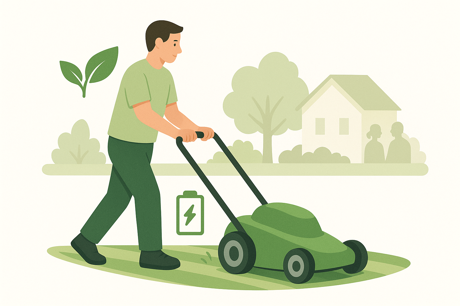 Jardinier utilisant une tondeuse électrique pour une tonte silencieuse et écologique, illustrant un service respectueux de l’environnement dans la Vallée de Chevreuse.