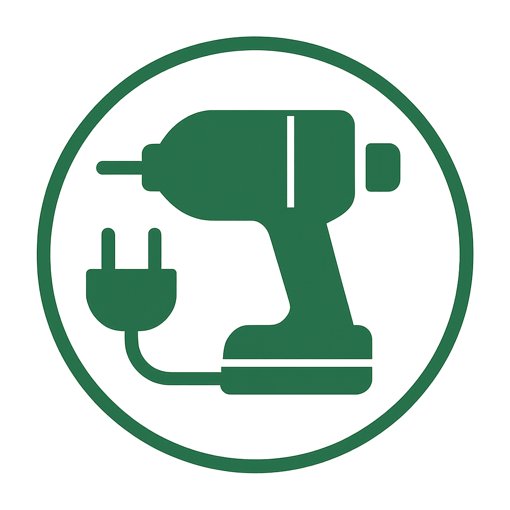 Icône verte représentant une perceuse électrique, symbole du matériel de bricolage
