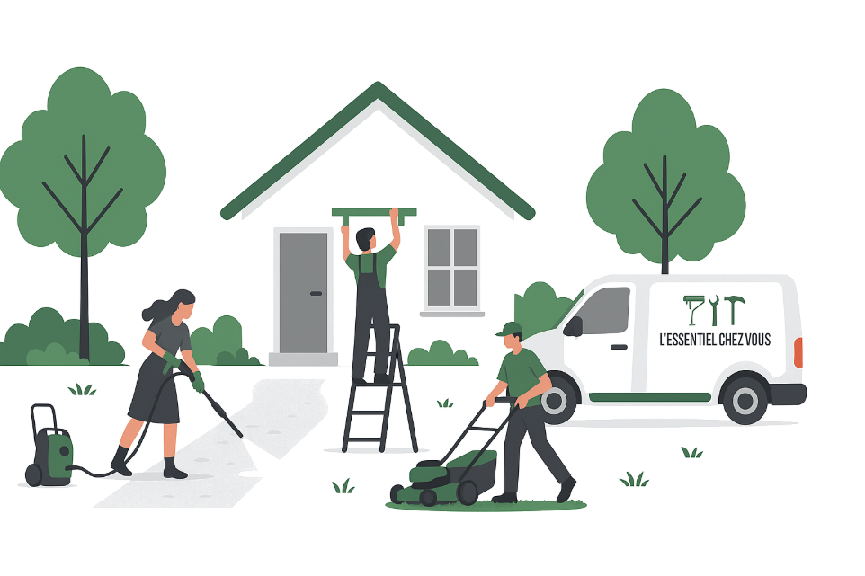 maison avec un jardin, arbustes taillés et outils de jardinage