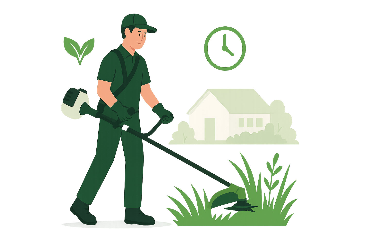 Employé en tenue verte réalisant le débroussaillage d’herbes hautes devant une maison, illustrant un service de jardinage professionnel dans la Vallée de Chevreuse.