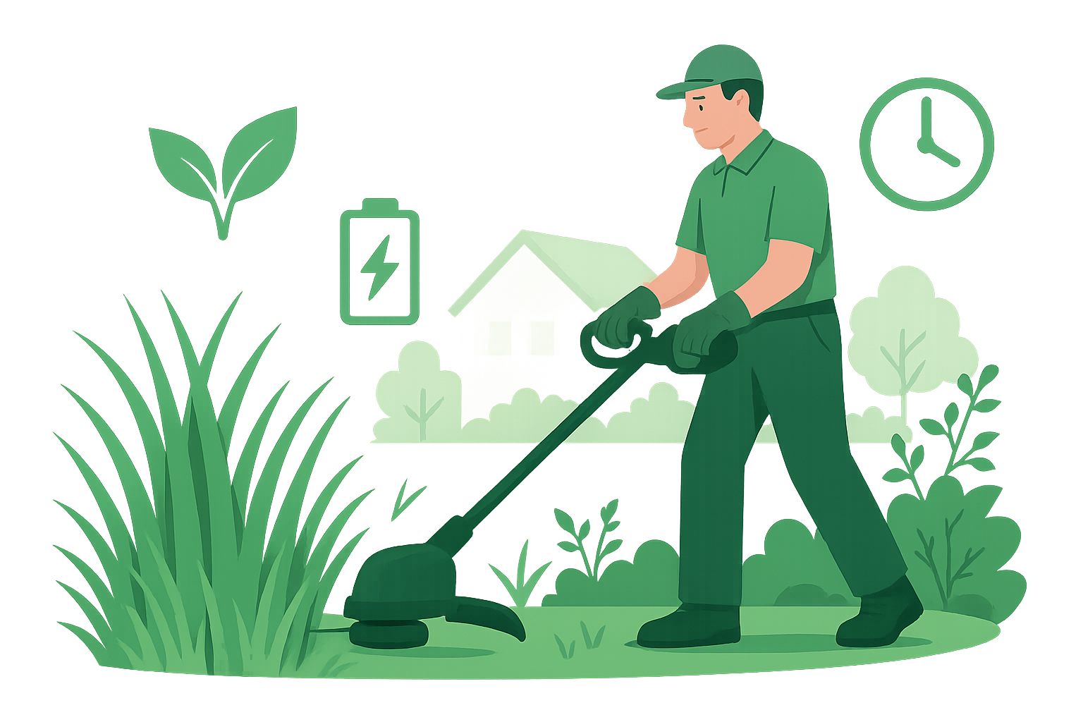 Jardinier utilisant un débroussailleur électrique pour entretenir un terrain, symbolisant une intervention écologique et silencieuse dans la Vallée de Chevreuse.