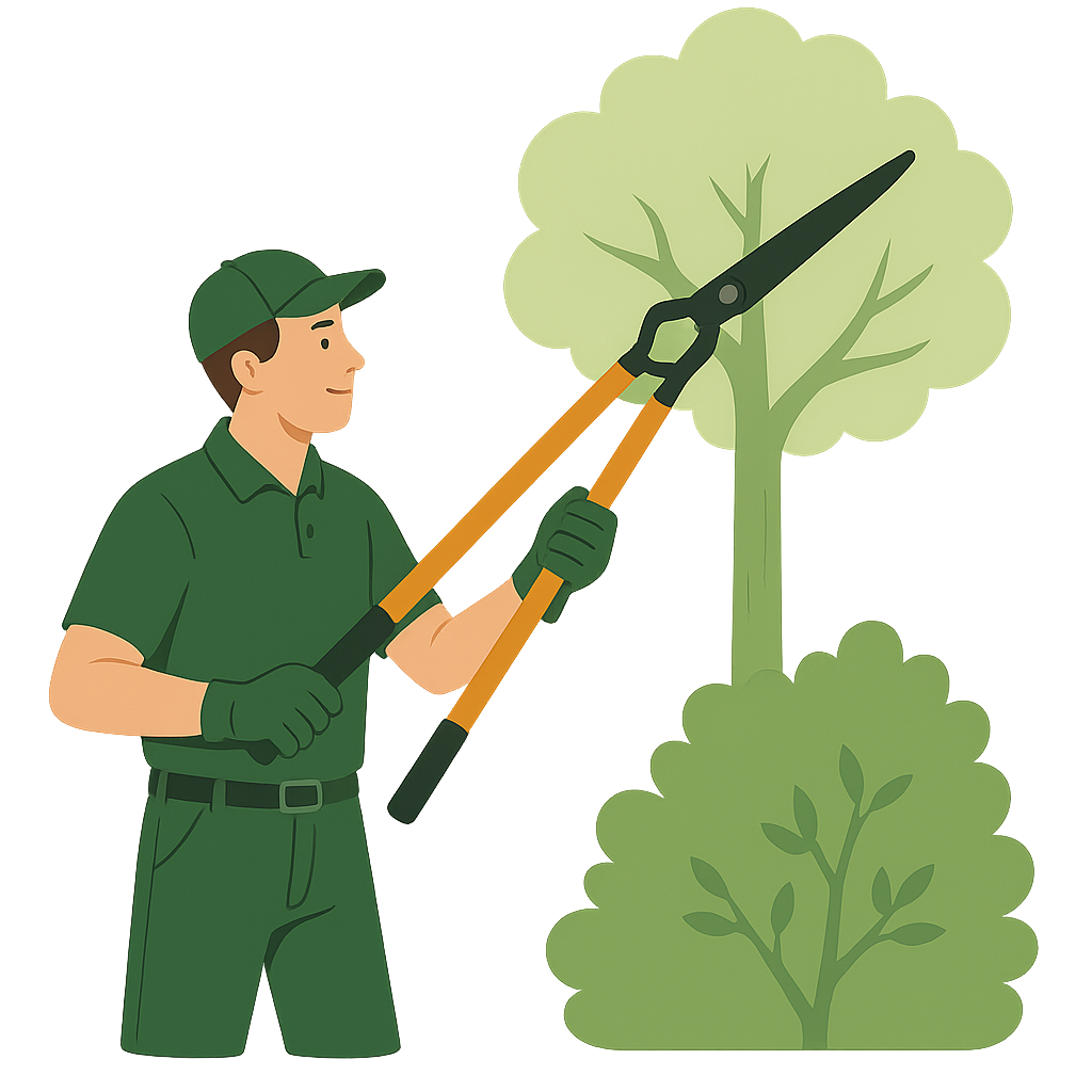 Jardinier utilisant un sécateur à perche pour élaguer les branches d’un arbre, illustrant une taille douce et maîtrisée dans la Vallée de Chevreuse.