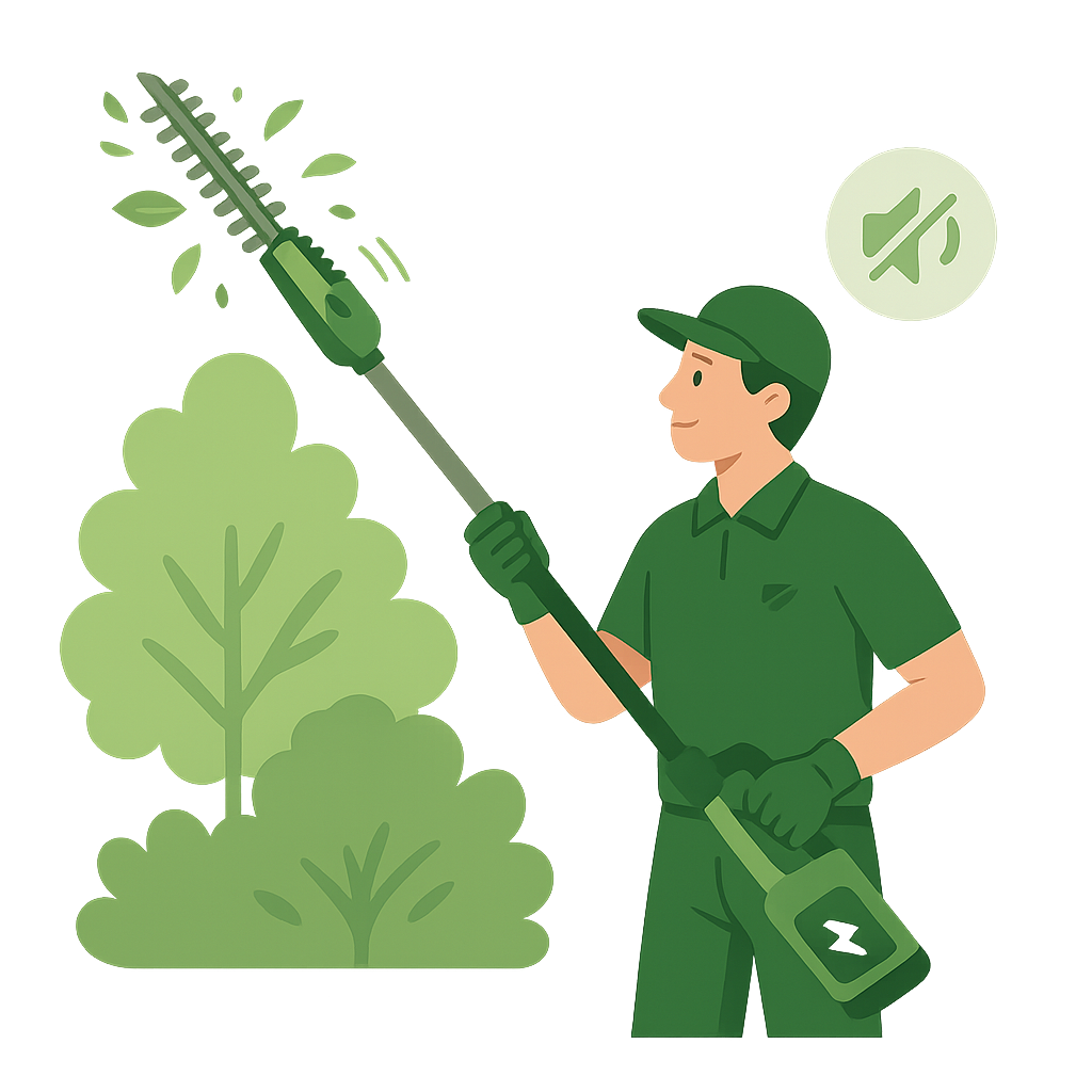 Employé réalisant un élagage léger avec un outil électrique télescopique, symbole d’un entretien sécurisé et respectueux des arbres dans la Vallée de Chevreuse.