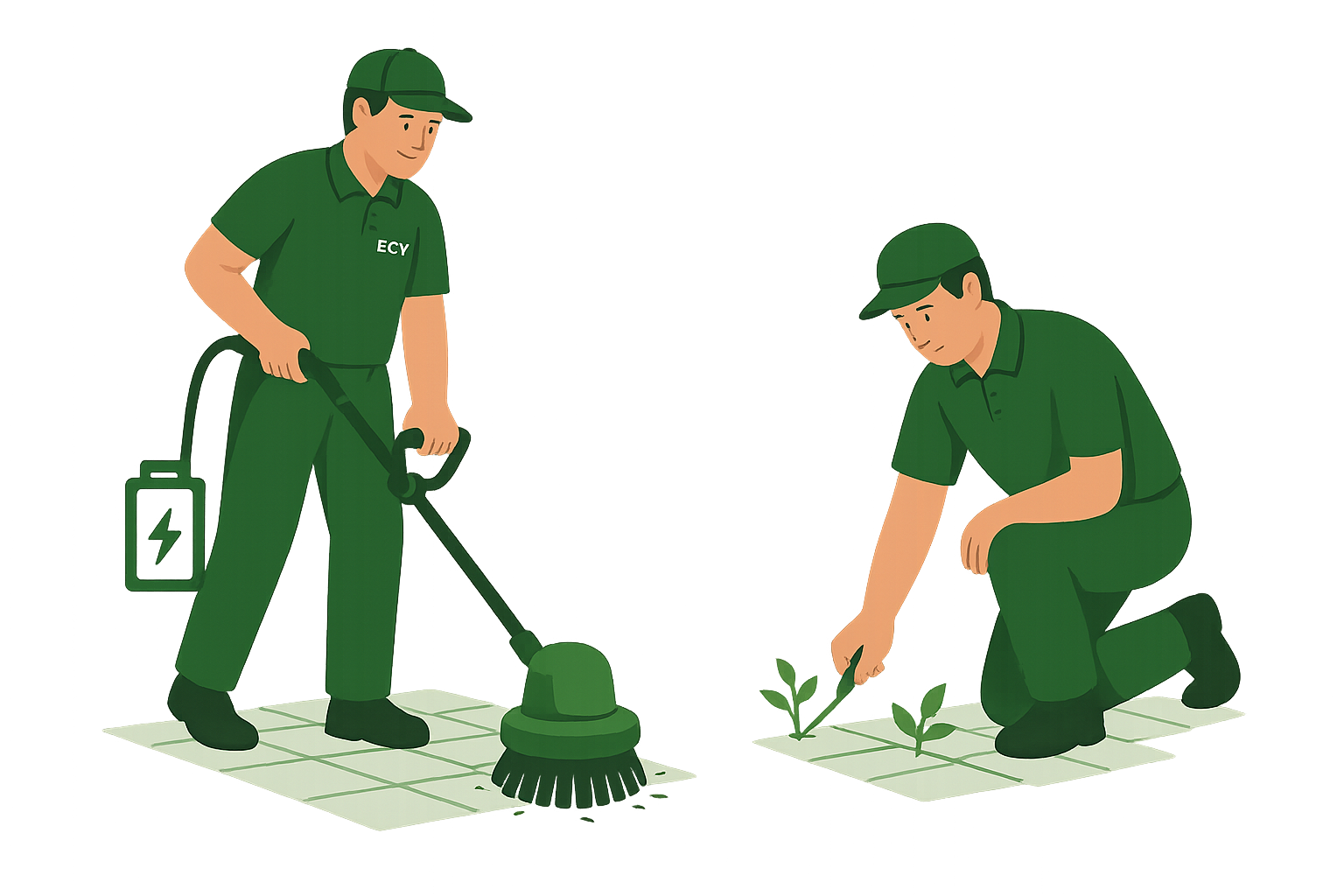 Employé en tenue verte réalisant le débroussaillage d’herbes hautes devant une maison, illustrant un service de jardinage professionnel dans la Vallée de Chevreuse.