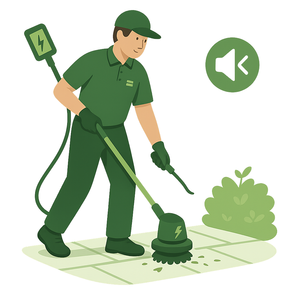 Jardinier utilisant un débroussailleur électrique pour entretenir un terrain, symbolisant une intervention écologique et silencieuse dans la Vallée de Chevreuse.