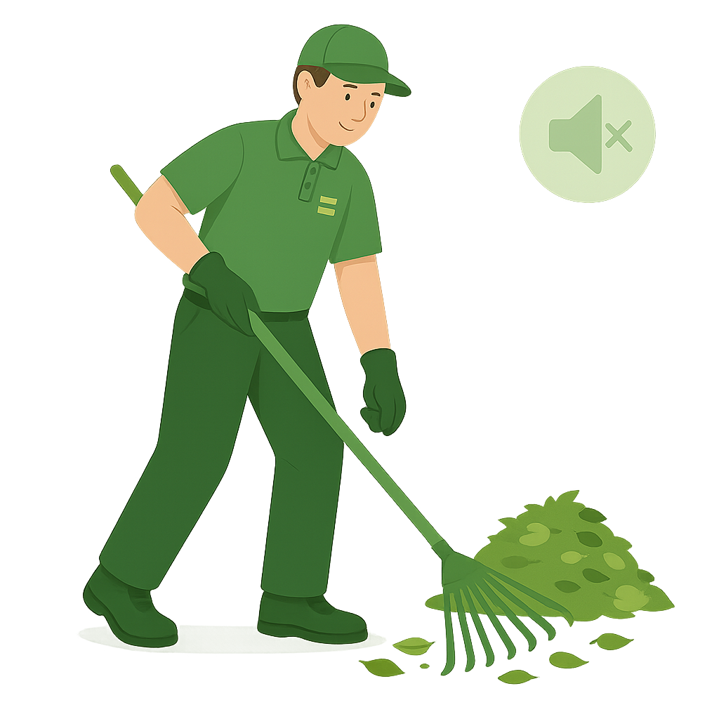 Employé ratissant les feuilles tombées dans un jardin, symbole d’un nettoyage soigné et silencieux dans la Vallée de Chevreuse.