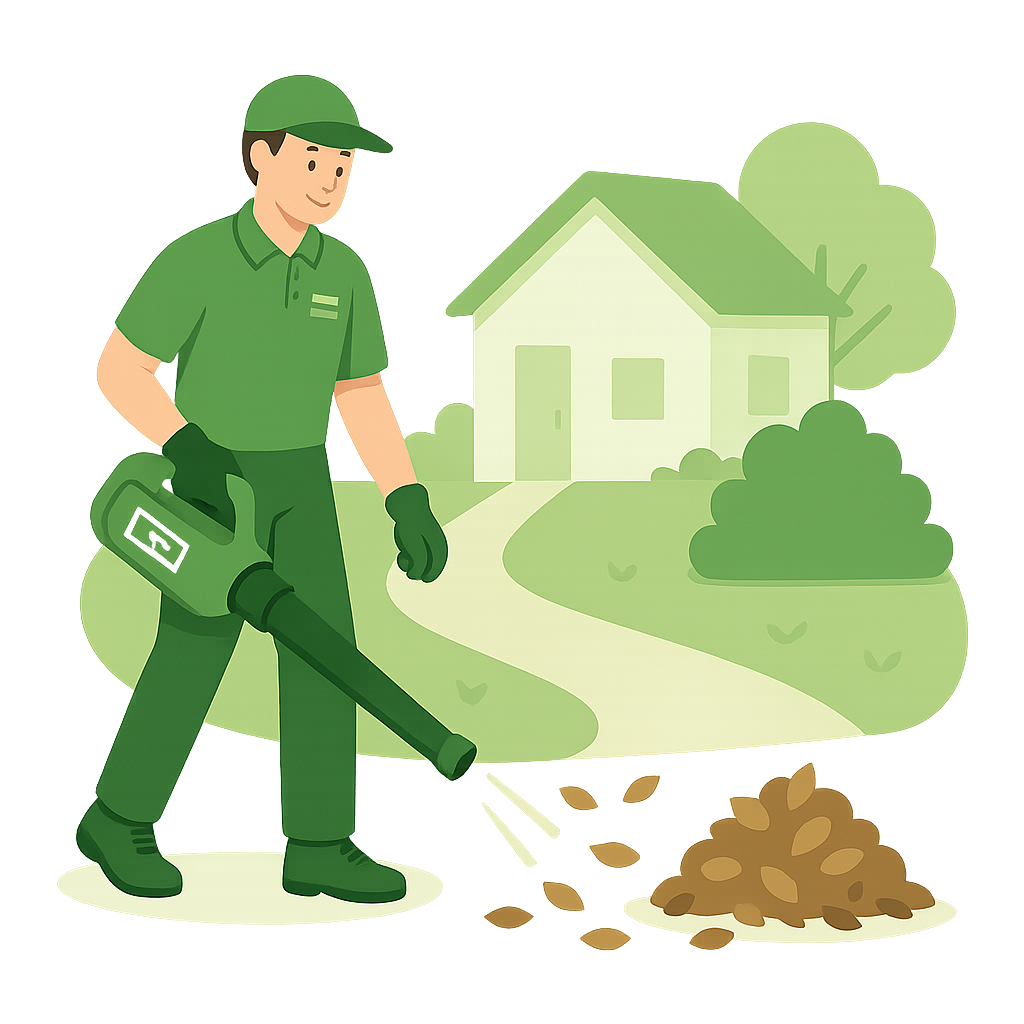 Jardinier utilisant un souffleur pour regrouper les feuilles au sol, illustrant un service d’entretien extérieur dans la Vallée de Chevreuse.