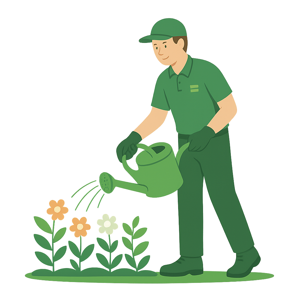 Jardinier arrosant un massif de fleurs à l’arrosoir, illustrant l’entretien régulier des plantations dans la Vallée de Chevreuse.