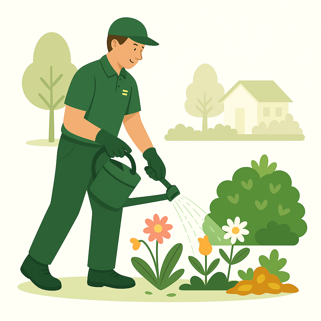 Employé arrosant des plantes dans un jardin résidentiel, symbole d’un soin attentif et écologique des espaces verts dans la Vallée de Chevreuse.