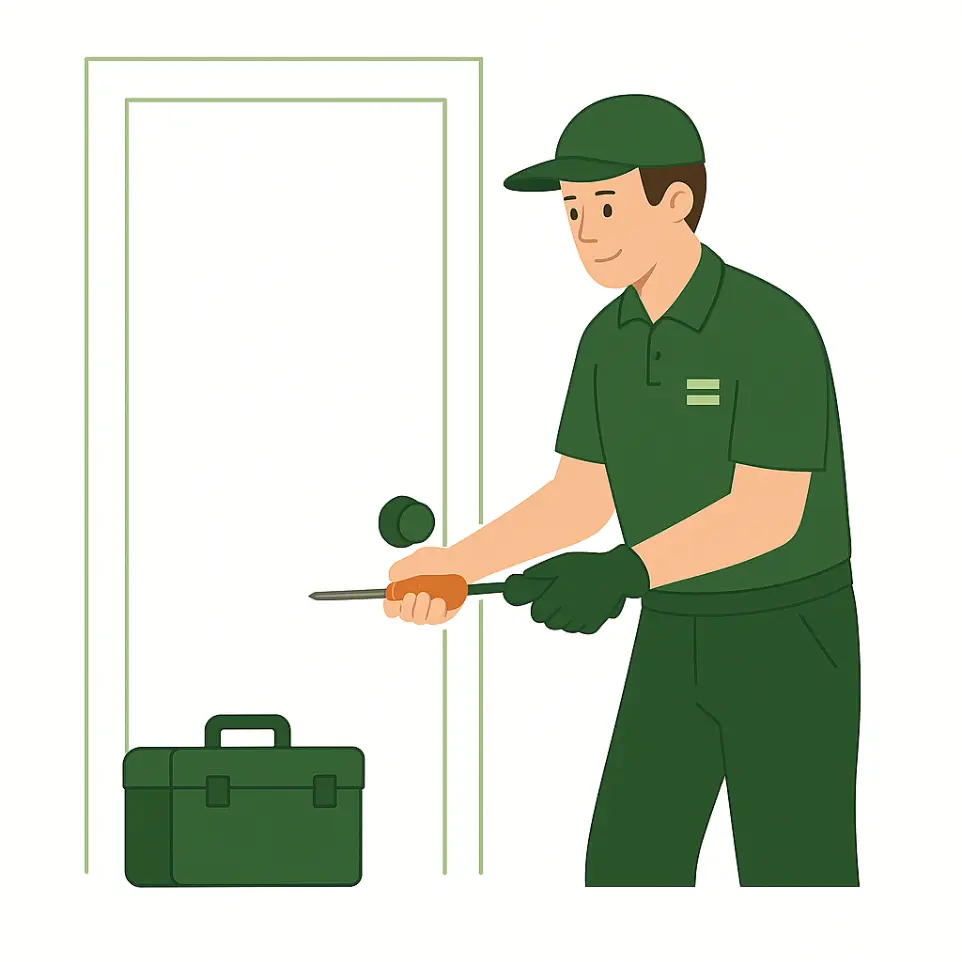 Bricoleur ajustant une poignée de porte avec ses outils, illustrant une réparation domestique dans la Vallée de Chevreuse.