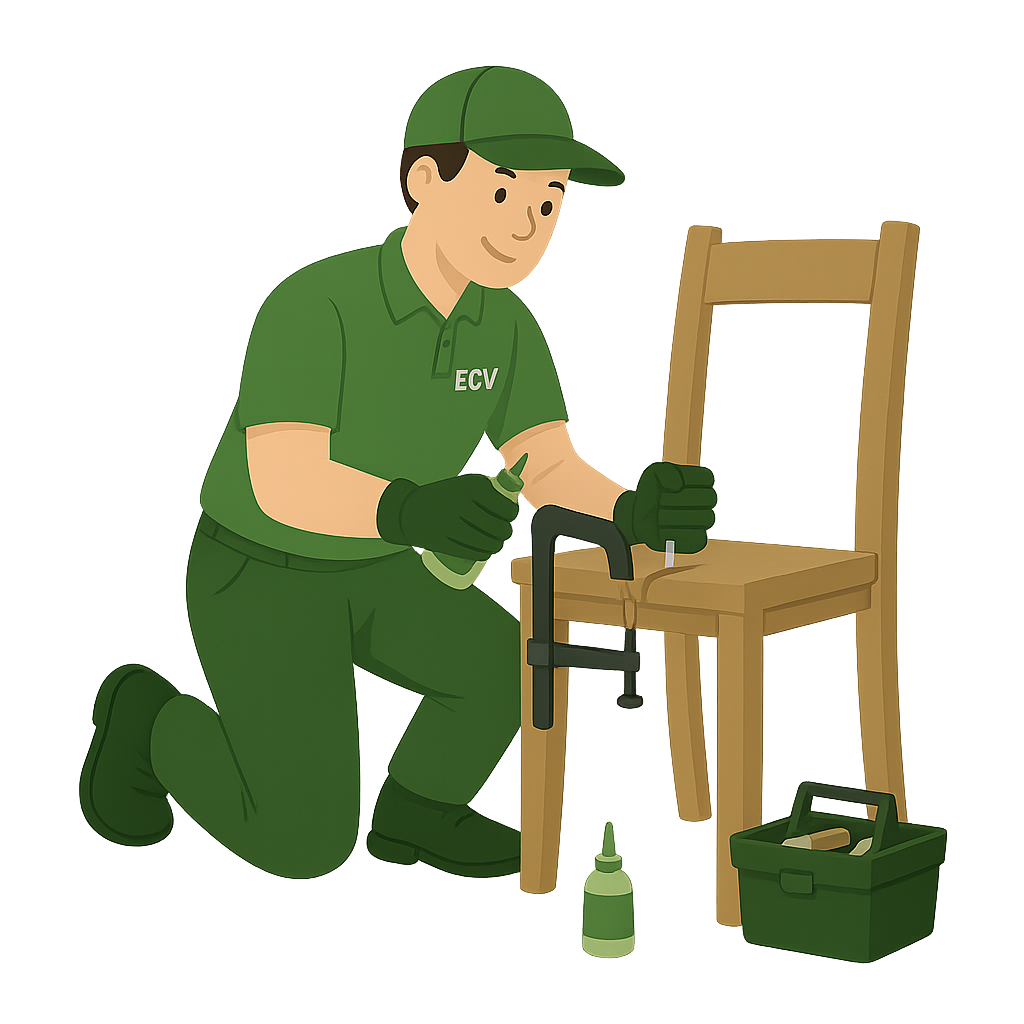 Employé réparant une chaise en bois, symbole d’un service de petites réparations et entretien du mobilier dans la Vallée de Chevreuse.