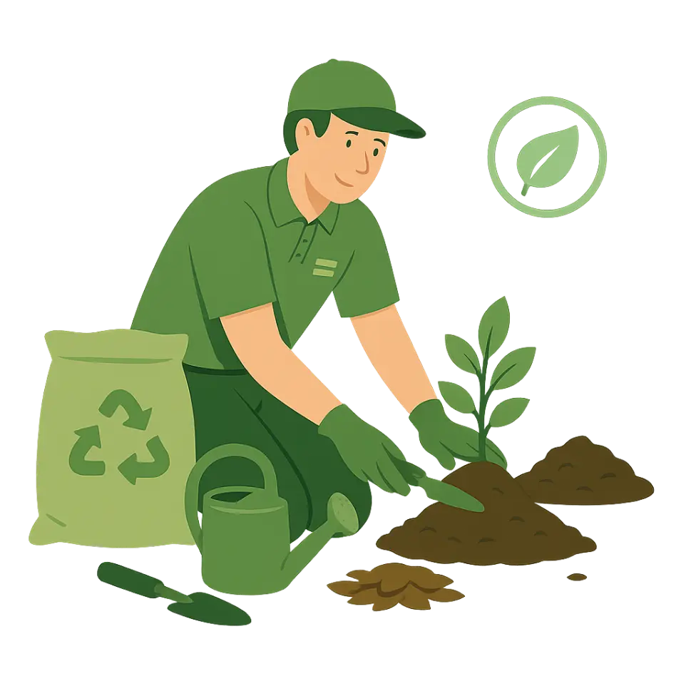 Jardinier en train de planter un arbuste avec sac de terreau, illustrant un service de plantation et soin des végétaux dans la Vallée de Chevreuse.