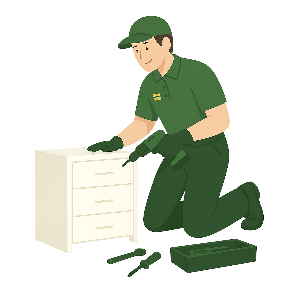 Bricoleur en tenue verte montant un meuble avec outils, illustrant un service de montage à domicile dans la Vallée de Chevreuse.