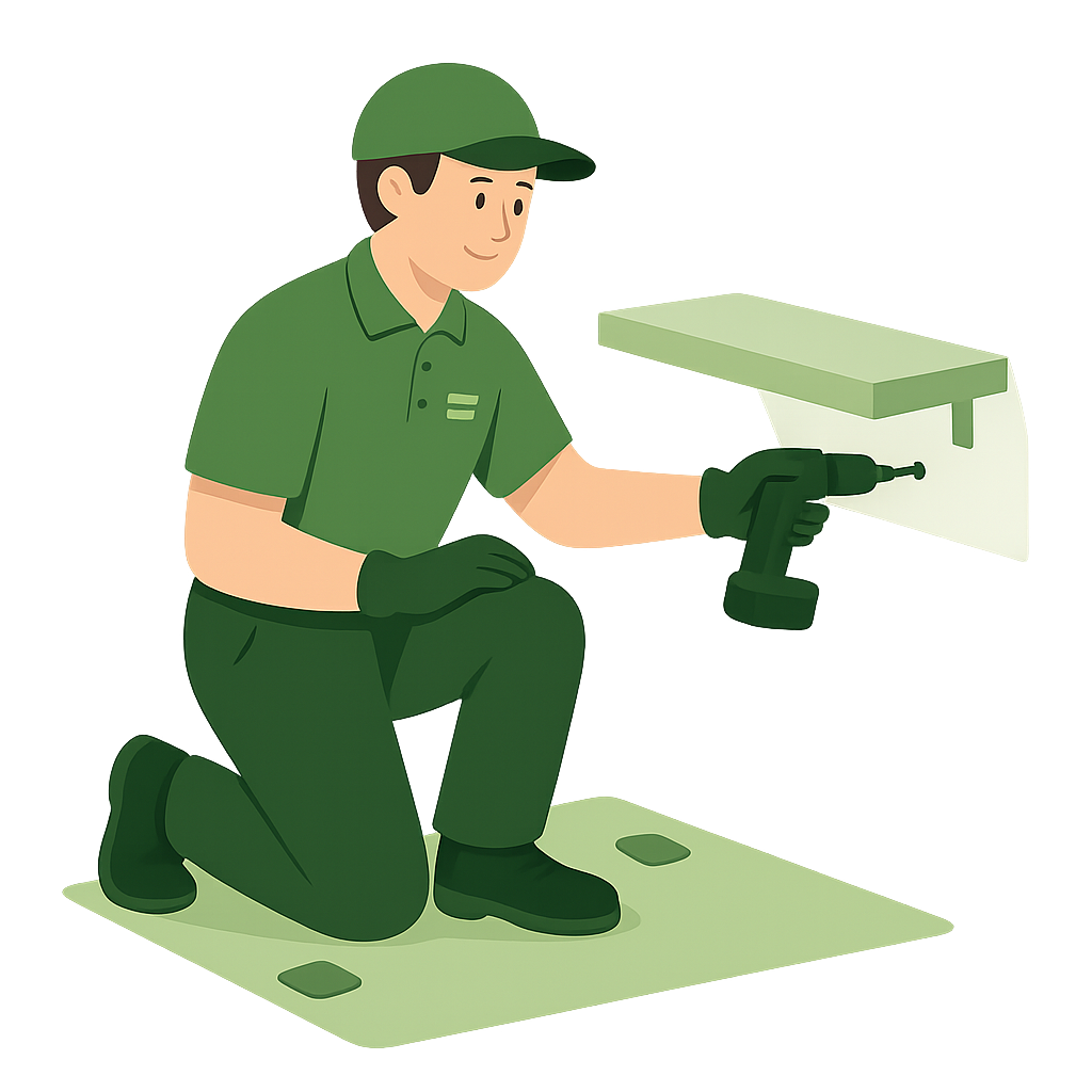 Employé fixant une étagère au mur avec visseuse, symbole d’un service de bricolage pratique dans la Vallée de Chevreuse.