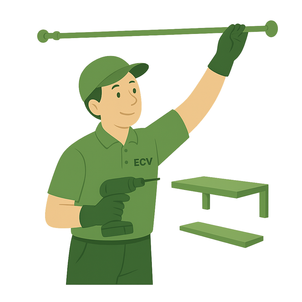 Bricoleur installant une tringle à rideaux avec une perceuse, illustrant un service de pose intérieure dans la Vallée de Chevreuse.