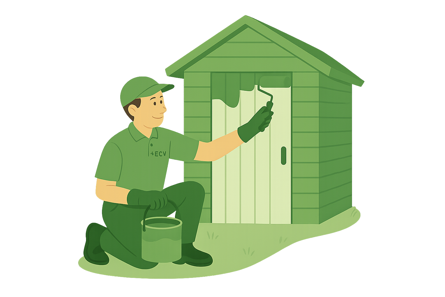 Employé peignant une cabane de jardin, symbole d’un entretien extérieur et protection du bois dans la Vallée de Chevreuse.
