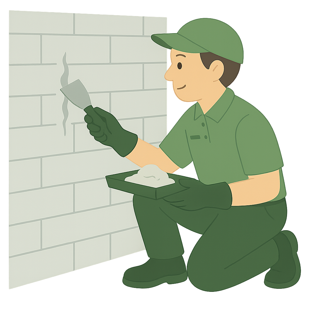 Bricoleur appliquant de l’enduit sur un mur, illustrant un service de rebouchage et préparation de surface dans la Vallée de Chevreuse.