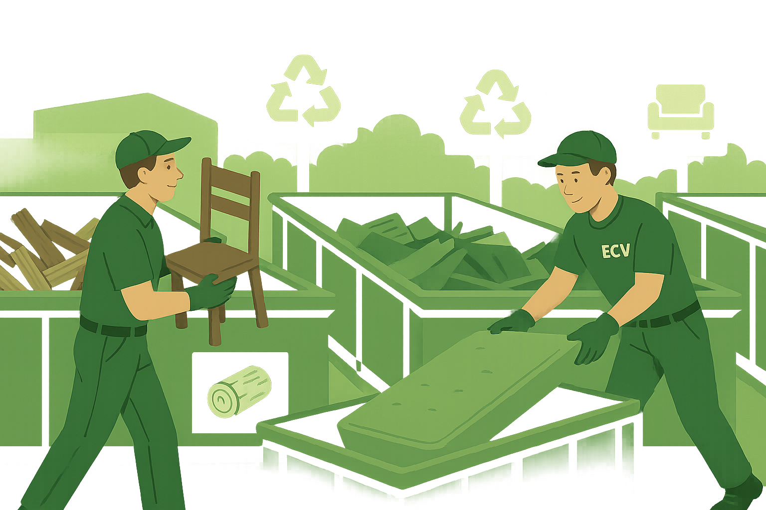 Employés déposant des objets dans une benne de recyclage, symbole d’un service responsable et respectueux de l’environnement dans la Vallée de Chevreuse.