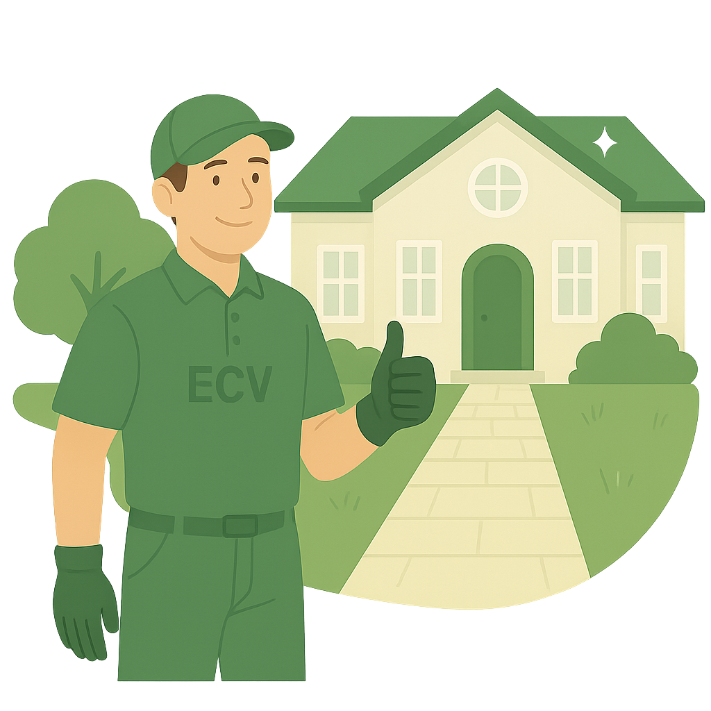 Employé ECV devant une allée propre, illustrant un résultat de nettoyage extérieur haute pression dans la Vallée de Chevreuse.