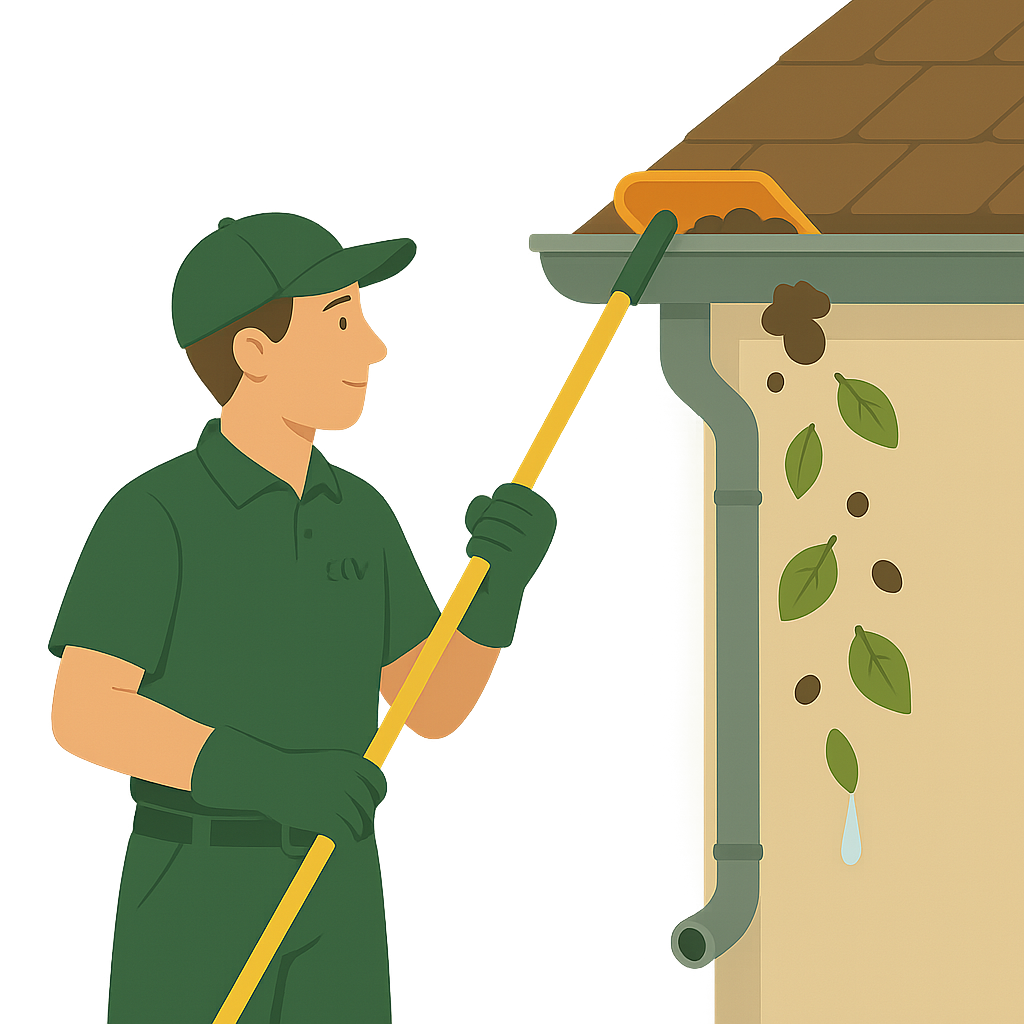 Jardinier retirant feuilles et débris d’une gouttière, illustrant un service de nettoyage préventif dans la Vallée de Chevreuse.