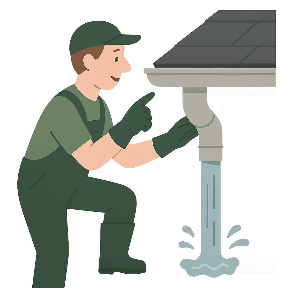 Employé contrôlant l’écoulement de l’eau dans une gouttière, symbole d’un entretien pour éviter les infiltrations dans la Vallée de Chevreuse.