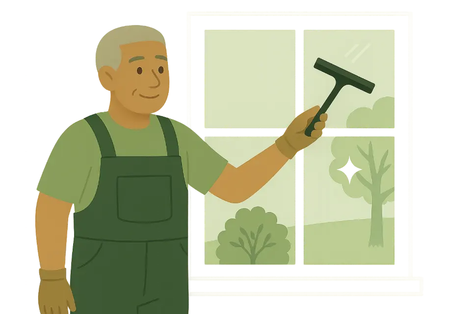 Employé nettoyant une vitre à la raclette, symbole d’un entretien soigné des surfaces vitrées dans la Vallée de Chevreuse.