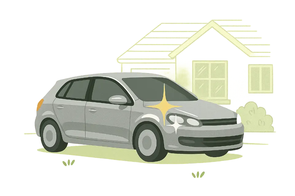 Voiture propre et brillante devant une maison, illustrant un service de nettoyage auto à domicile dans la Vallée de Chevreuse.