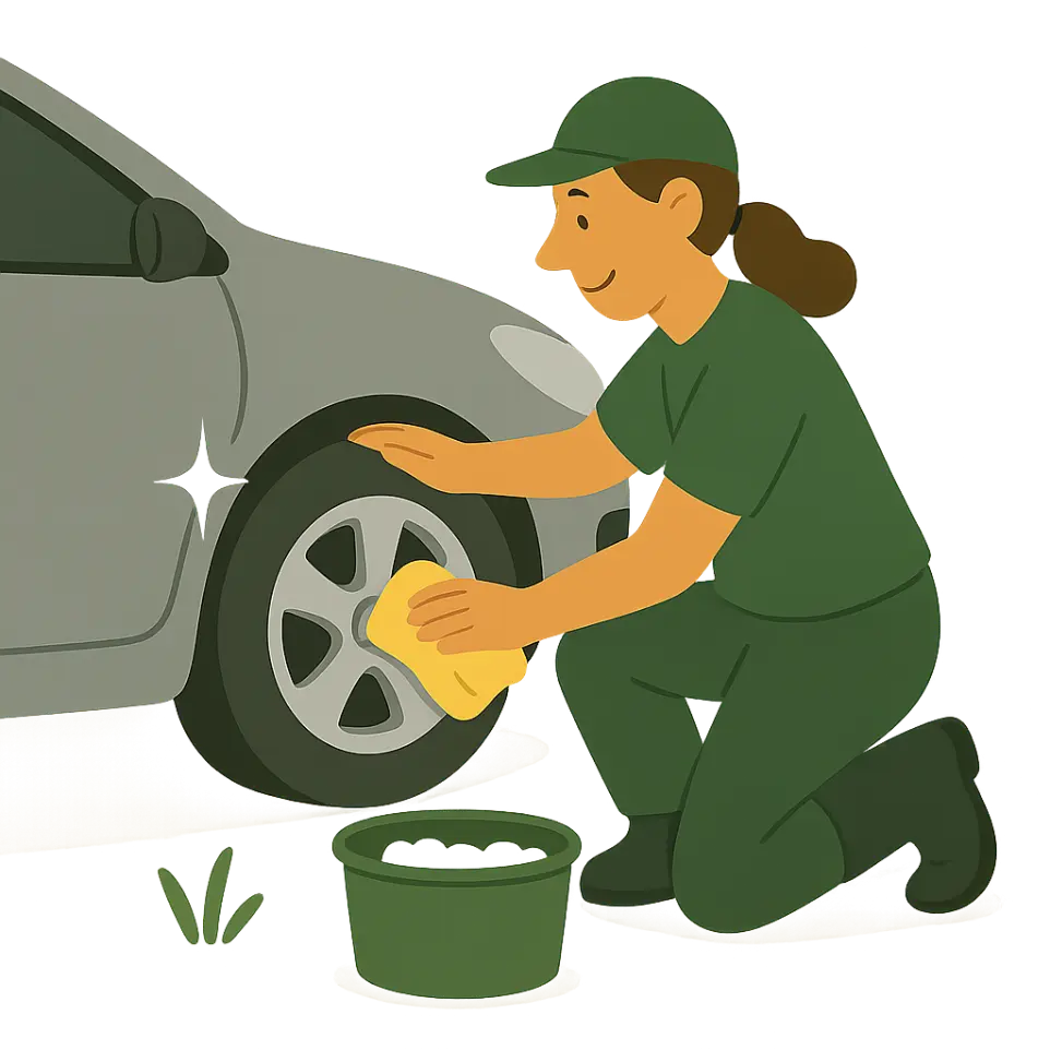 Employée nettoyant les jantes d’un véhicule avec une éponge, symbole d’un lavage auto minutieux dans la Vallée de Chevreuse.