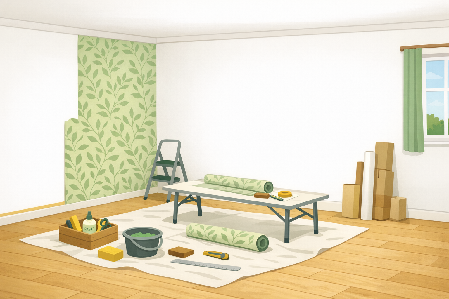 pièce vue depuis l’embrasure d’une porte, mobilier protégé, et un seul pan de mur en papier peint